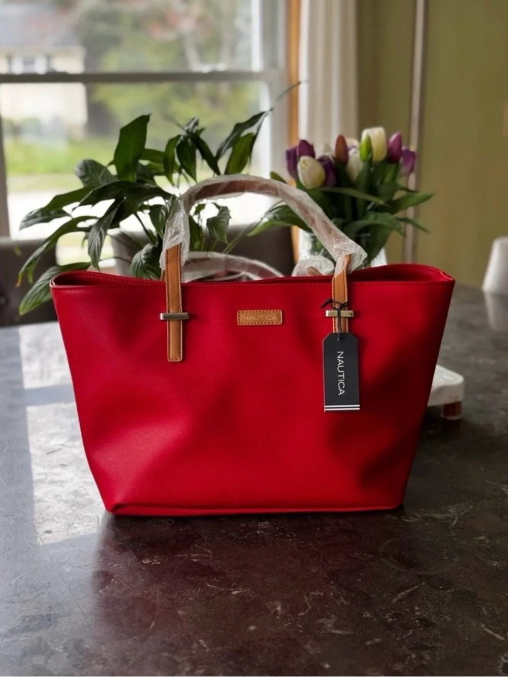 NWT Nautica Tote Bag - Bright Red with Tan Handles